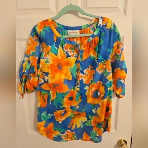 Jones New York Women's Floral Blue And Orange Top Size Small